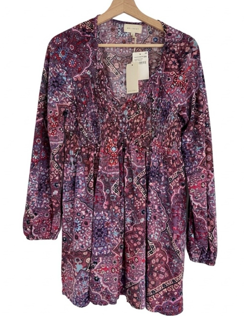 Purple Paisley Smocked Waist Women's Tunic Top Medium MELLODAY